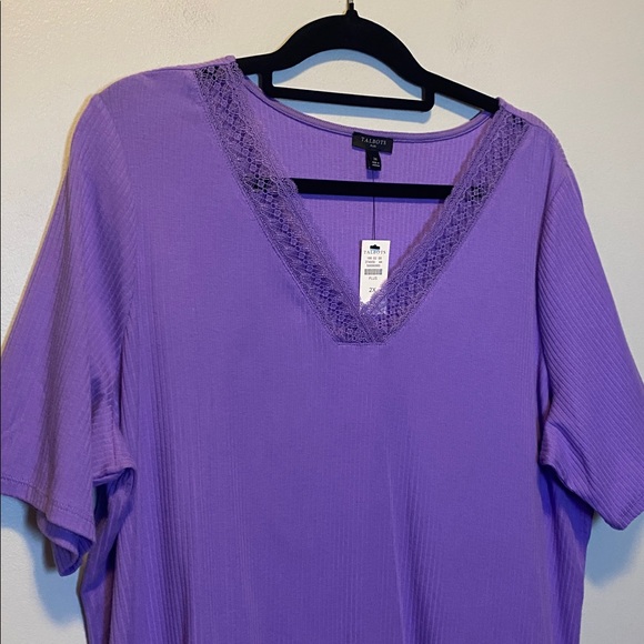 Talbots Lace Trim V-Neck Tee NWT Women’s 2X Purple Short Sleeve Ribbed Shirt - Picture 3 of 13